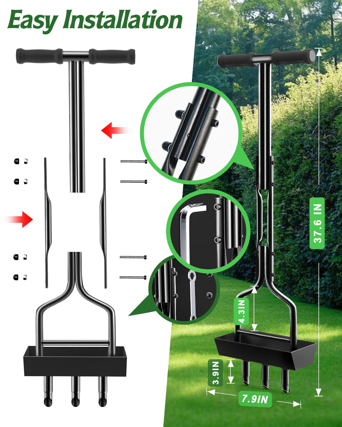 Lawn Aerator Garden Tool with Soil Core Tray, 38” Manual Grass Plug Aerators & A Cleaning Tool, Coring Aeration Tools with 3 Tines for Gardening, Soil Compaction, Lawn Yard Care, Patented Black