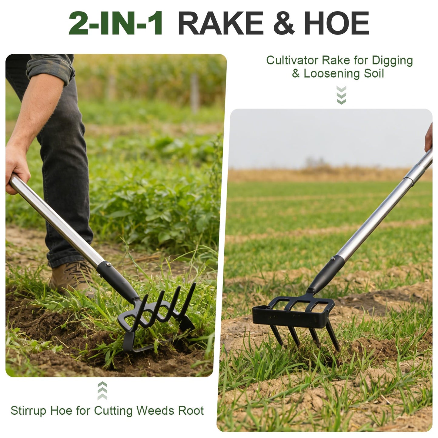 REILEIHODE Hoe Garden Tool for Weeding 2-in-1 Heavy Duty Metal Stirrup Hoe 4 Tines Prong Weed Hoe with 25-74 inch Long Adjustable Handle for Women Kids Men