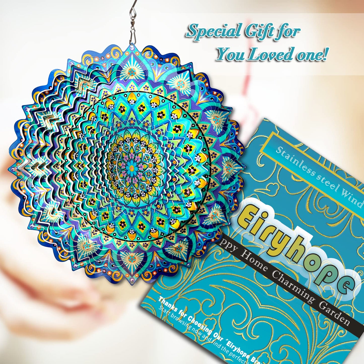 Eiryhope Wind Spinner Mandala Peacock - 12In Laser Cut Stainless Steel Wind Spinners Outdoor, 3D Kinetic Hanging Sculpture, Rustproof Metal Garden Decor Yard Art, Unique Gift for Women, Men, Holidays