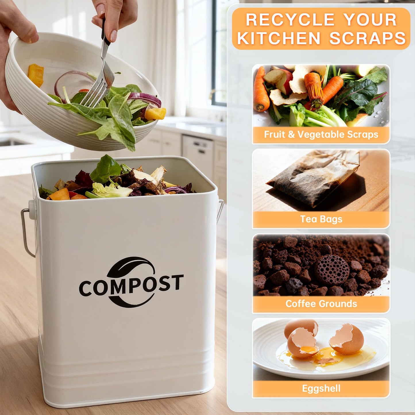 Candco Kitchen Compost Bin, 1.7 Gallon Countertop Compost Bin with Lid and Charcoal Filter, Kitchen Composter for Food Waste, Rust Proof Indoor Bucket, White