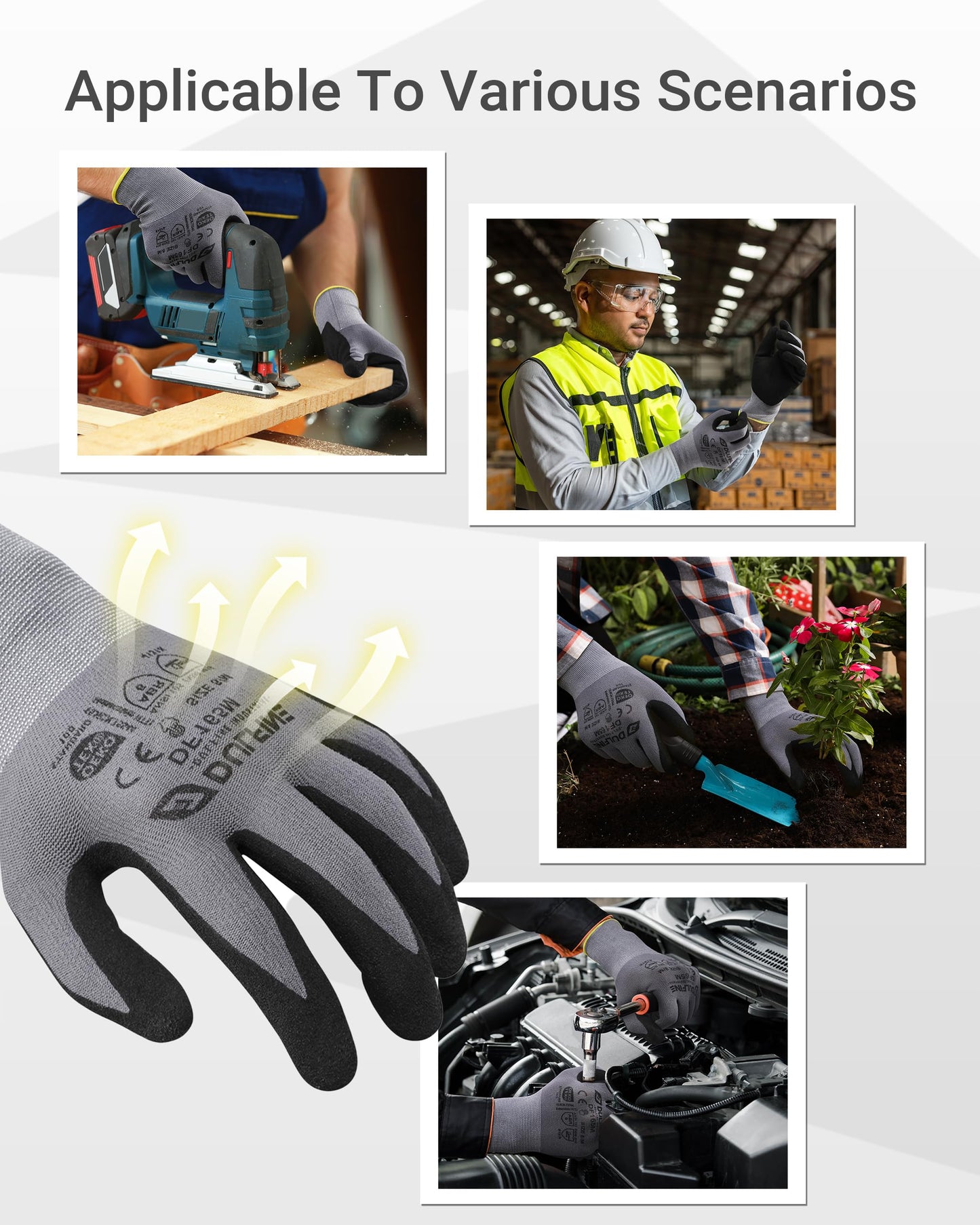 DULFINE Work Gloves for Men and Women,Grey Knit Nylon Glove with Touchscreen MicroFoam Nitrile Coated-6 Pairs Pack,Ideal for General Purpose,Automotive,Home Improvement,Painting(Small)