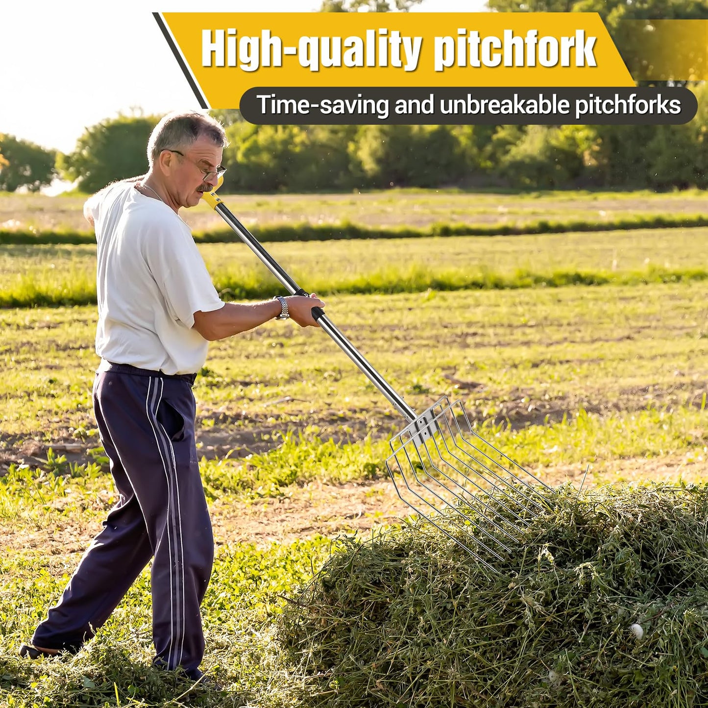 AugFir Pitchfork for Gardening, 50" Multifunctional Stainless Steel Garden Pitchfork with Handle, Suitable for Shoveling, Fertilizing, Transplanting, Mulching Garden Fork - 10 Tines
