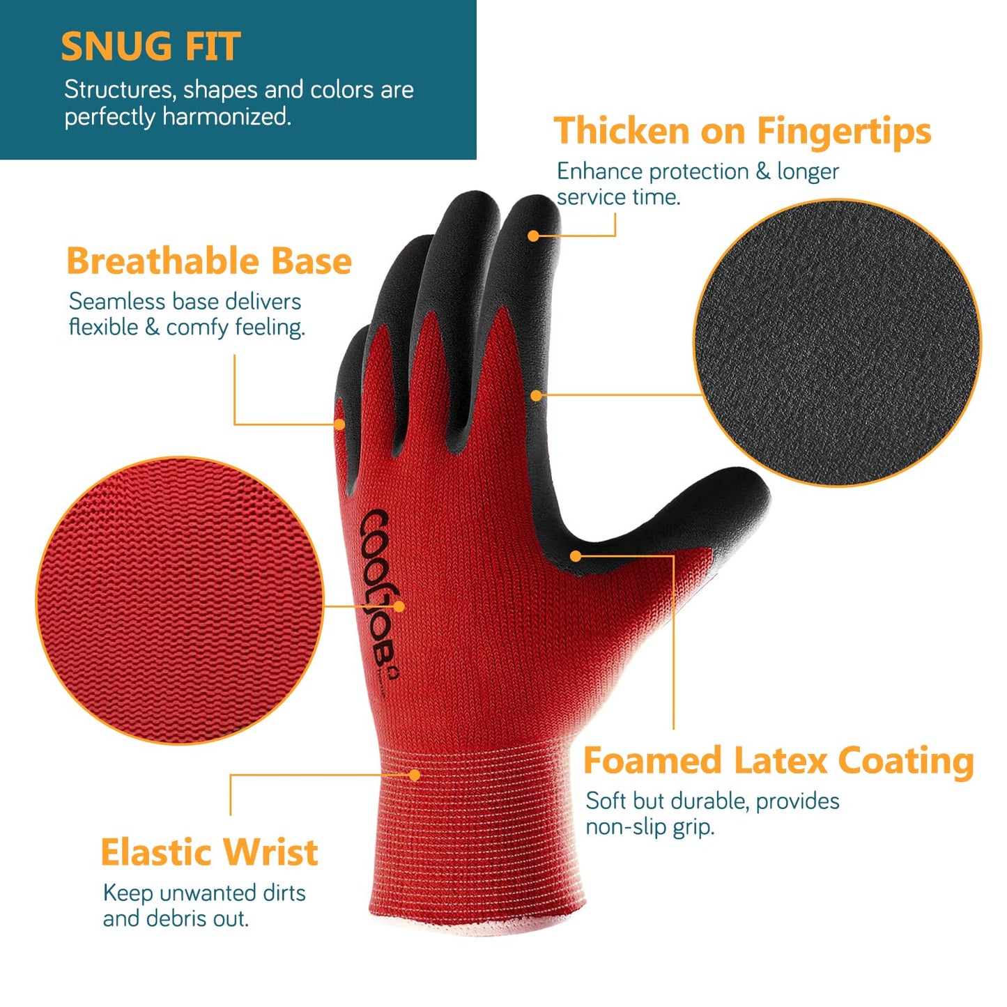 COOLJOB Gardening Gloves for Men, 6 Pairs Breathable Rubber Coated for Garden Weeding Landscaping, Outside Work for Lawn Yard, Men's Medium Size, Black & Red