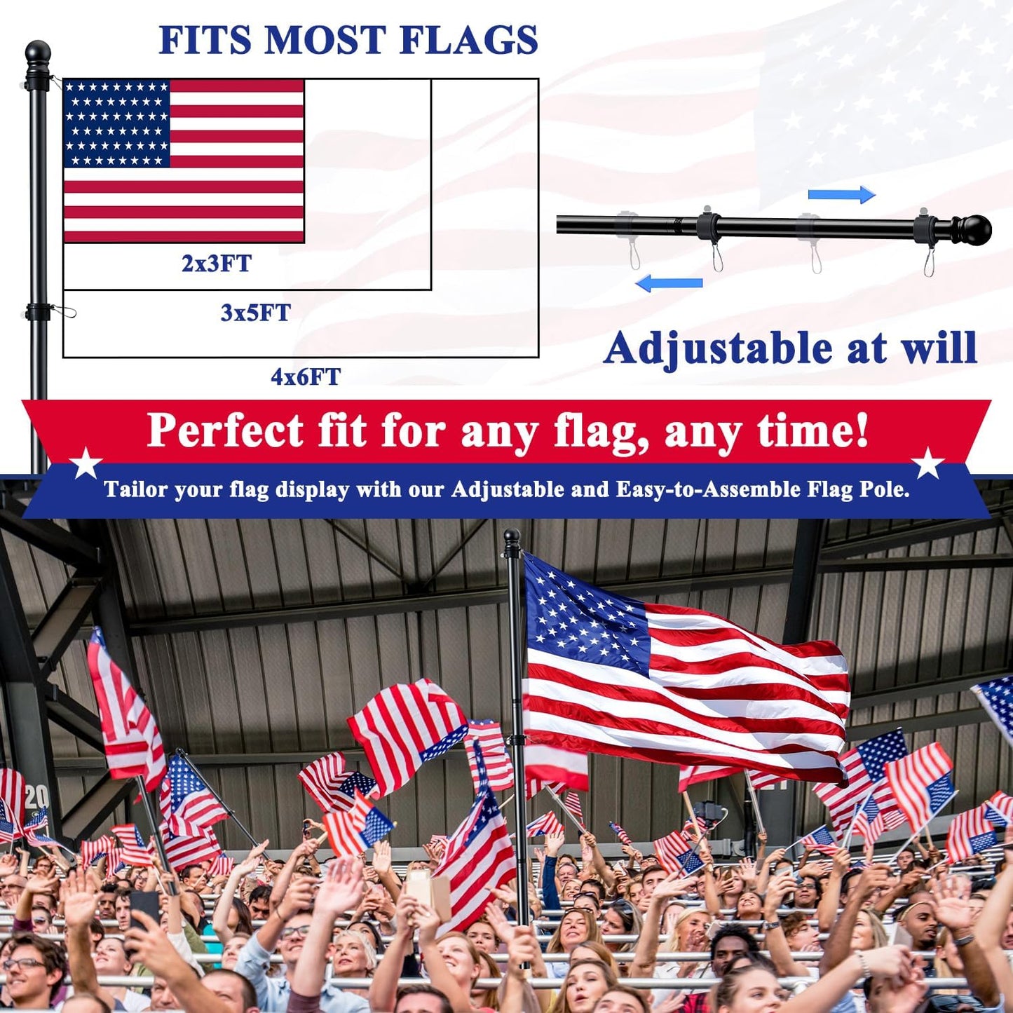 PHITRIC 5FT Flag Pole Kit with 3x5 American Flag for House Outside, Stainless Steel Rustproof Flagpole Holder for 3x5 Sports Fan Outdoor Flags for Outside House (Black)