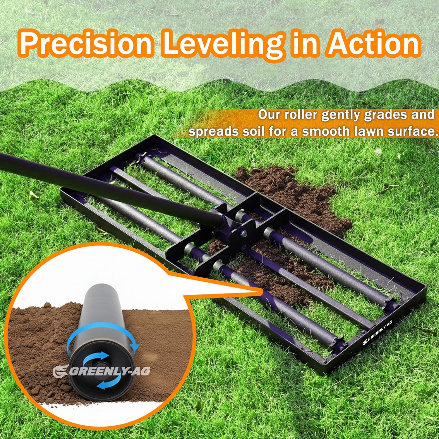 G GREENLY-AG 30" Heavy Duty Lawn Leveling Rake, 6.5FT Soil Leveler Tool, with 4 Spiked Wheels & Smooth Roller, Landscaping and Restoration Soil Sand Dirt Surfaces, for Garden Yard Farm Golf Course