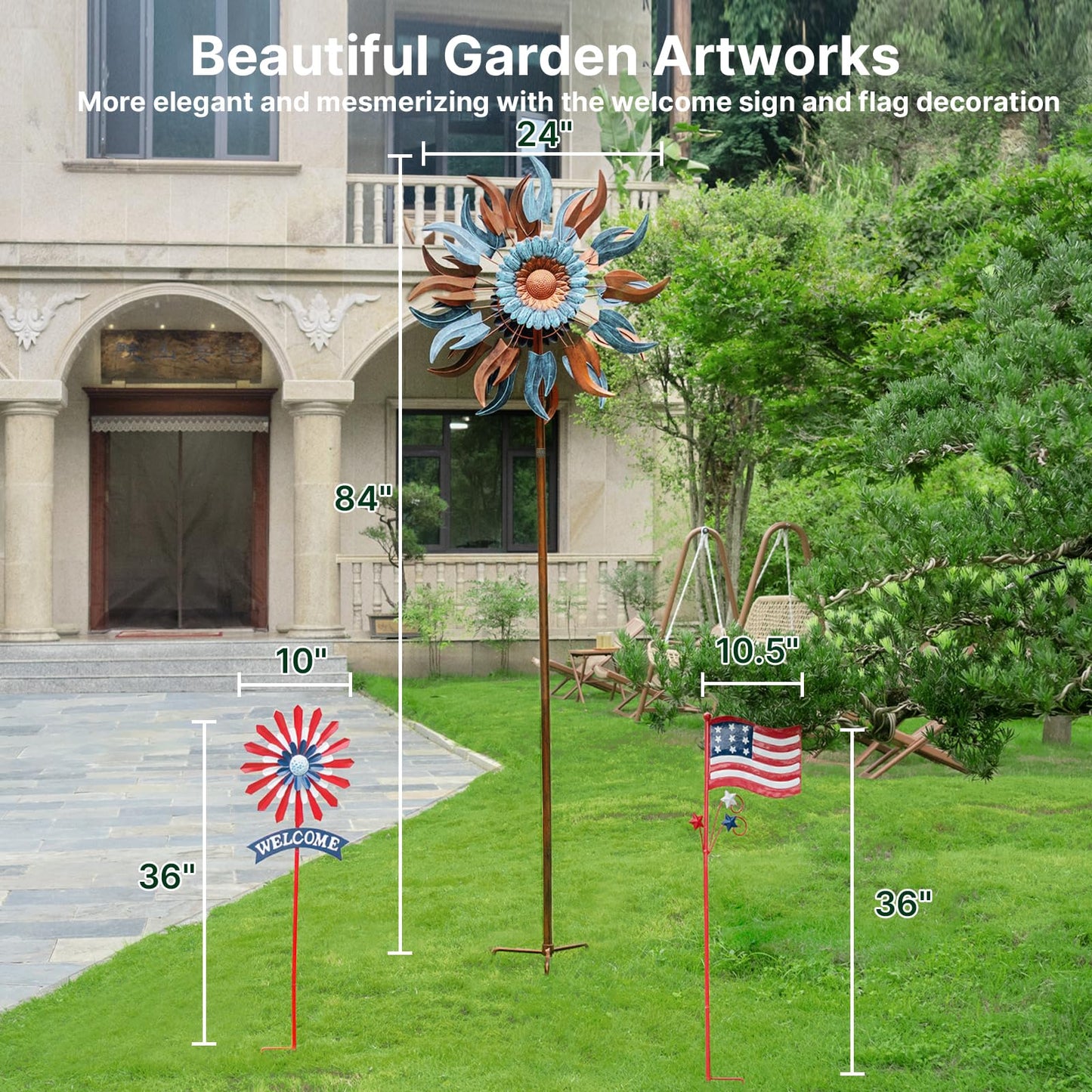 Wind Spinners Outdoor, 84" Large Metal Kinetic Wind Sculptures for Garden, Classic Yard Art with 2 Piece Welcome Flag Decoration