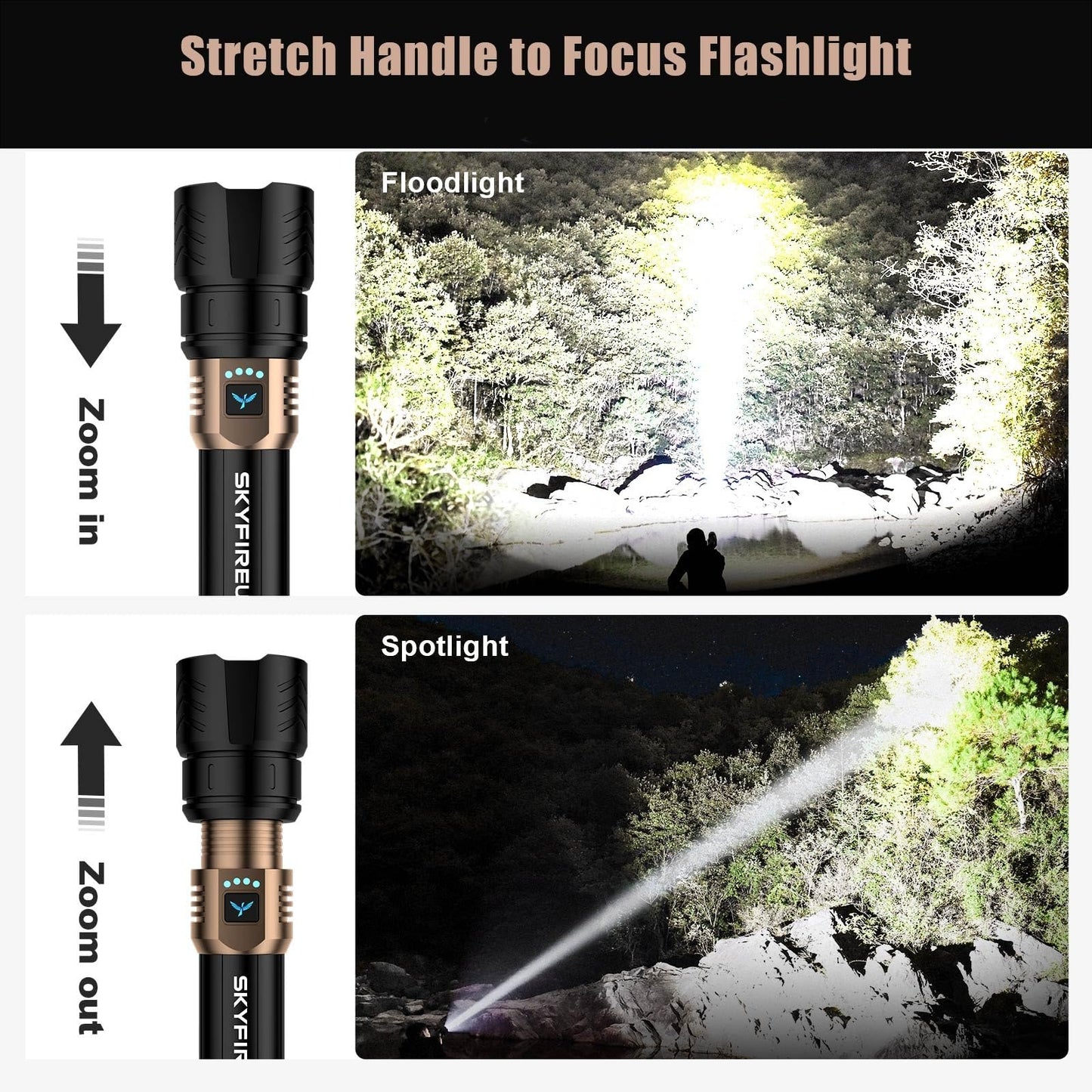 SKYFIRE LED Flashlights High Lumens with Ignition Lens,3000lm Super Bright Rechargeable Flashlight,Zoomable,4 Modes,Waterproof Tactical Flash Light for Camping Essentials,Outdoor and Home,Gift