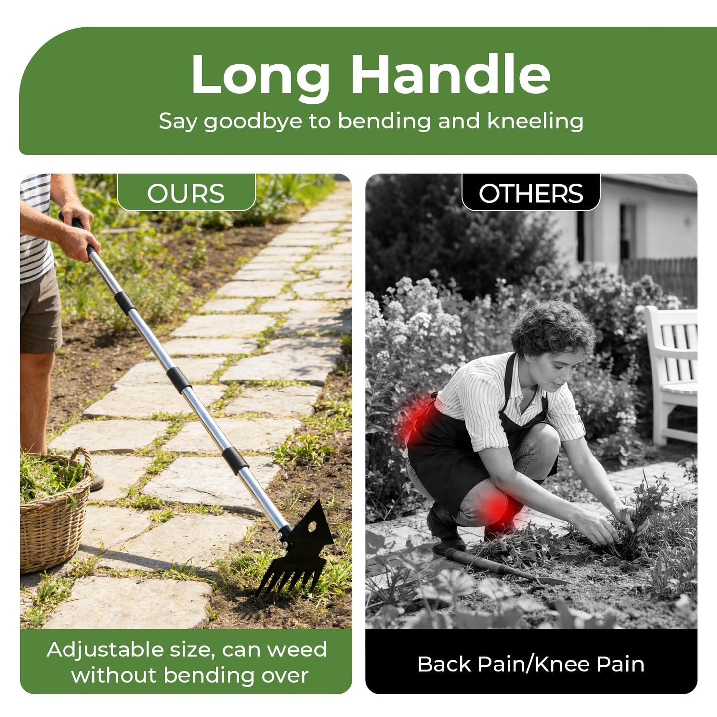 2-in-1 Weed Puller Tool,Dual-Head Garden Hoe Weeder Tool with Long Handle,Heavy Duty Manganese Steel Weeding Tool for Gardening,Uprooting Weed Remover for Yard Lawn Patio and Garden