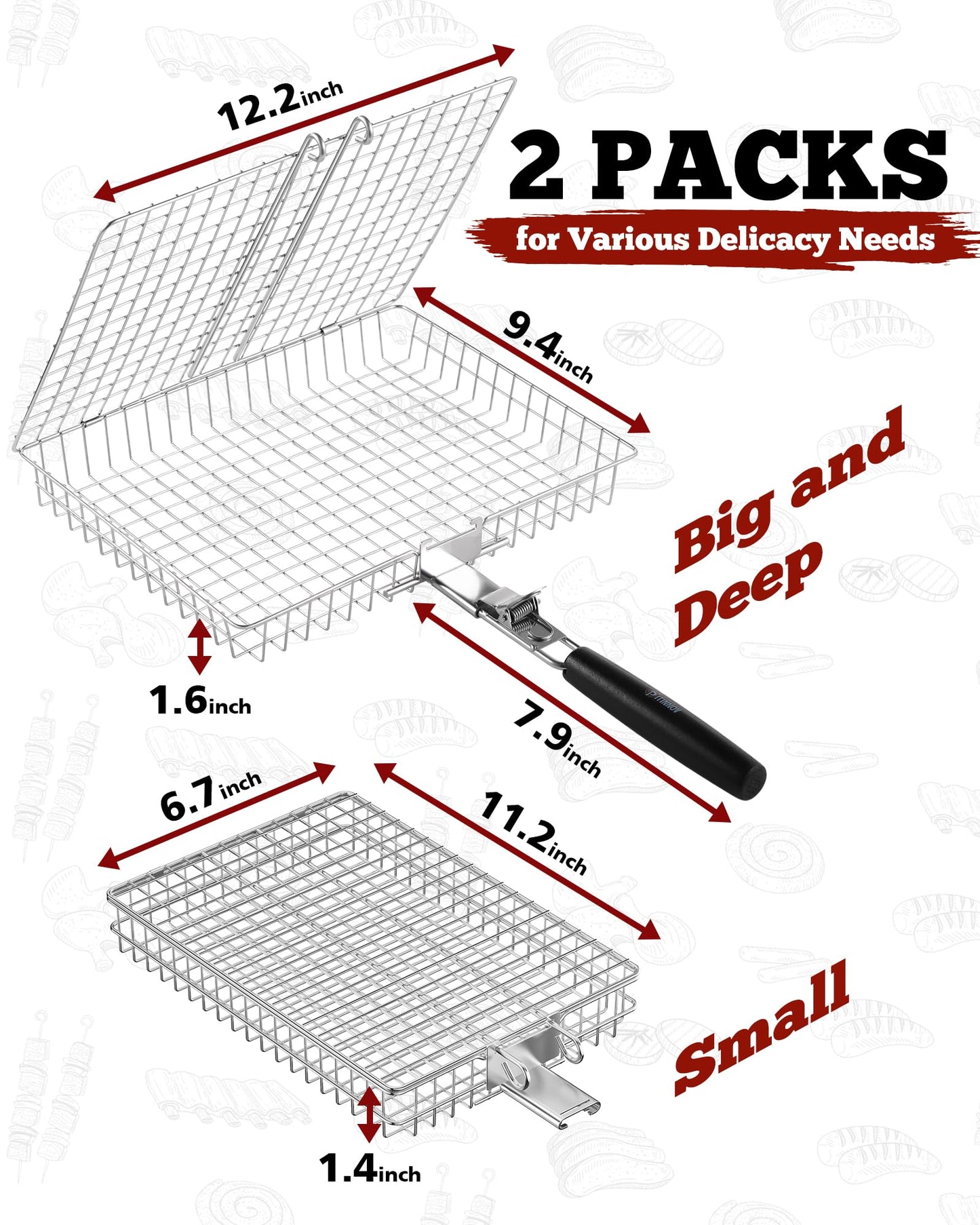 Nesting Grill Baskets, 2PCS Grilling Baskets for Outdoor with Removable Handle, Stainless Steel BBQ Camping Cooking Accessories Tools for Meat Steak Fish Vegetable Shrimp, Gifts for Men Dad Husband