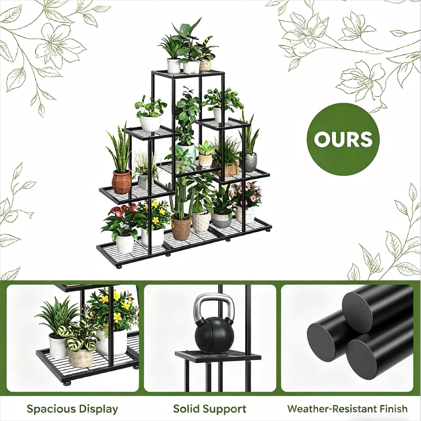 Ekisemio 5 Tier Metal Plant Stand - Heavy Duty Tall Flower Pot Holder Rack for Indoor Outdoor, Corner Display Shelf for Patio Balcony Living Room, Black