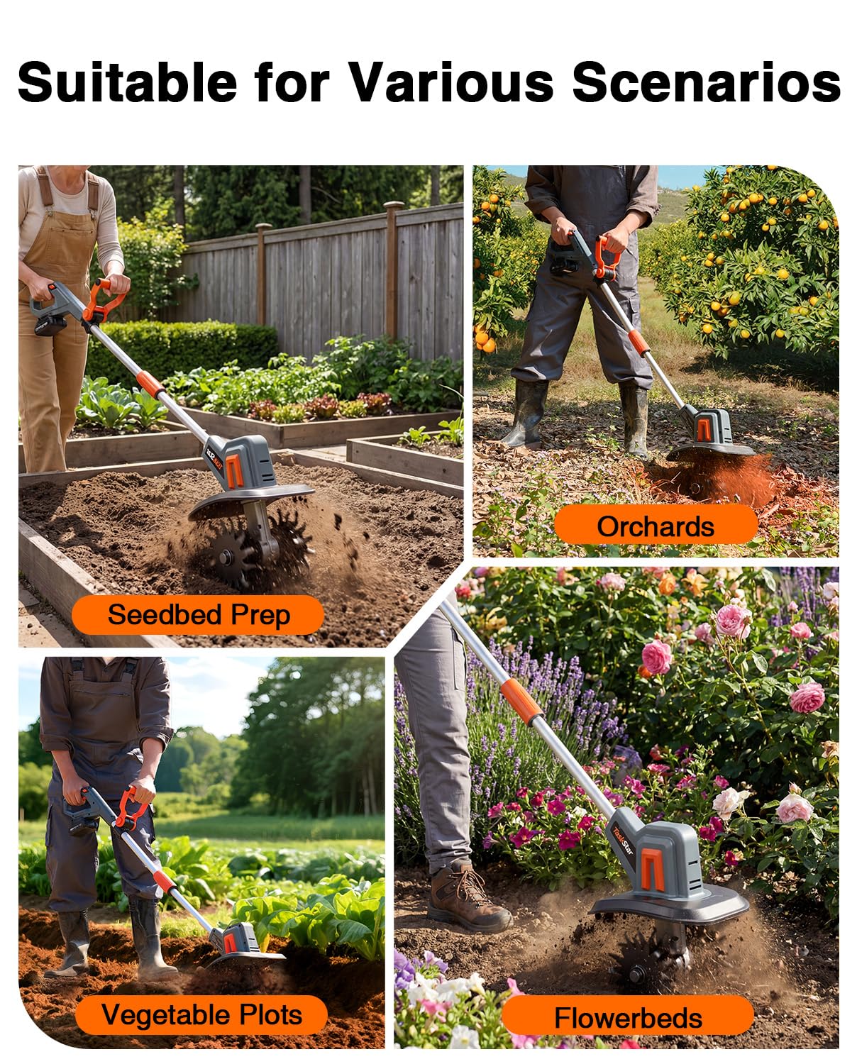 Cordless Tiller Cultivator for Gardening, 360 RPM Electric Garden Rototiller with 48 Steel Tines, 9 Inch Tilling Width & 7 Inch Depth, 21V Battery Powered Small Tiller for Soil/Cultivating/Lawn/Garden