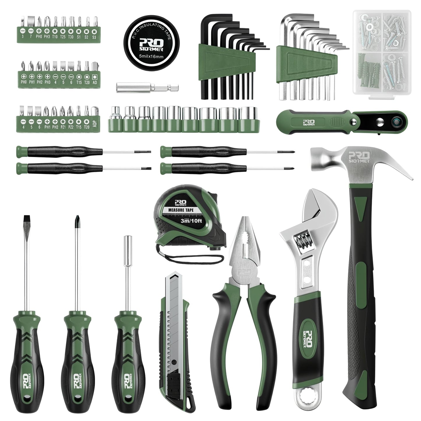 Prostormer 160-Piece Home Repair Tool Set, General Household Hand Tool Kit with Toolbox Storage Case for House, Garage, College Dorm and Office (Green)