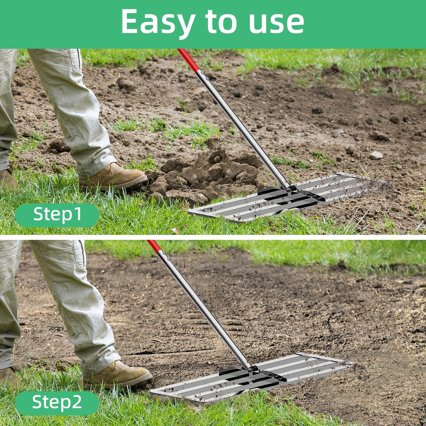 Lawn Leveling Rake 30"x10", Heavy-Duty Stainless Steel Yard Leveling Rake, Professional Soil Leveling Tool for Pastures, Golf Lawns, Gardens, Yards (Silver)