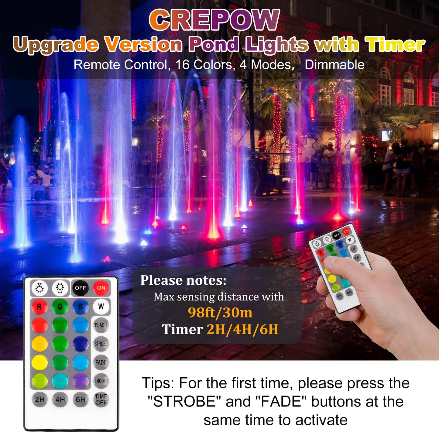 CREPOW RGBW Pond Lights with Timer, 18 LED Underwater Submersible Fountain Lights Color Changing Landscape Spotlights Remote Control IP68 Waterproof for Fish Aquarium Tank Yard Garden Pool (Set of 6)