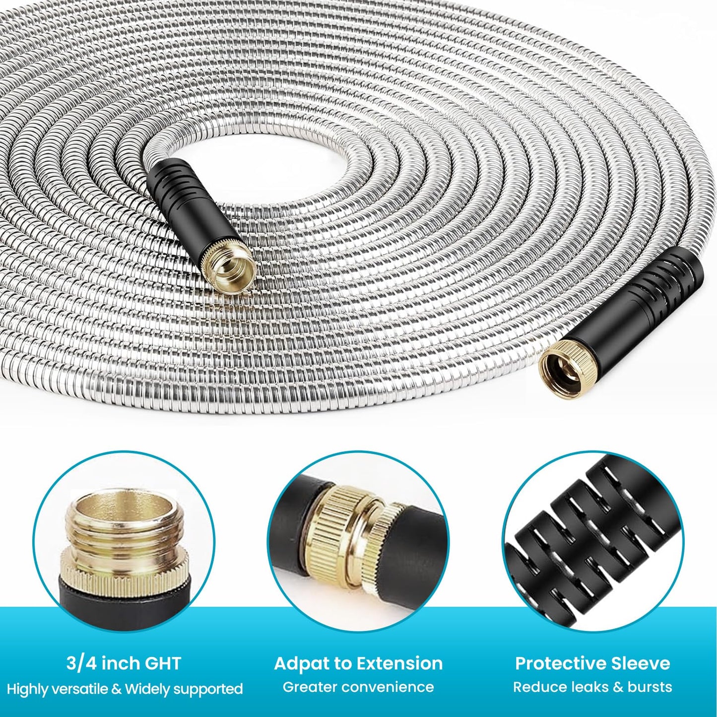 Garden Hose 50FT, Water Hose with 10 Function Nozzle, Garden Hose Metal with Leak-proof Connectors, No-Kink, Lightweight, Puncture-proof, Pet-proof, Sturdy, Hose for Outdoor, Yard