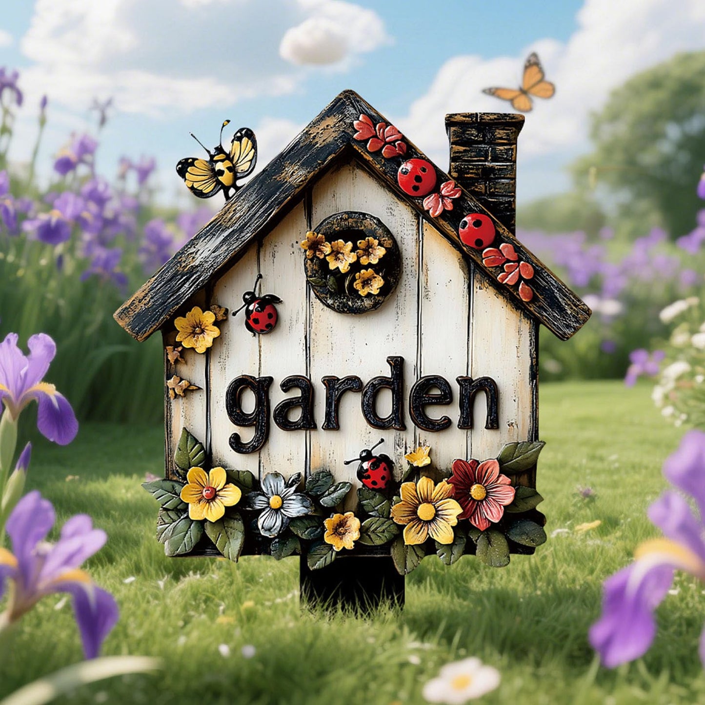 2 Pcs Flowers Garden Sign With Stake, 2D Flat Wooden Floral Ladybug Butterfly Welcome Sign, Personalized Sign Stakes for Pots Flower Bed Yard Lawn