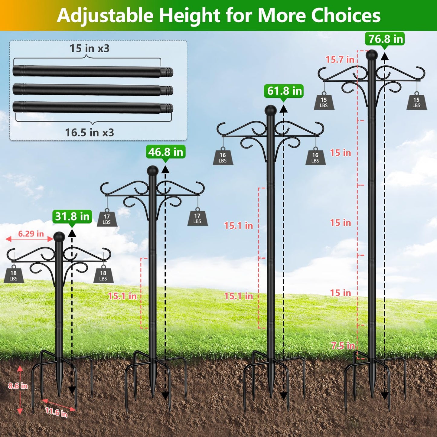 PIYILO Shepherds Hooks for Outdoor, 2 Pack 76.8 in Heavy Duty Bird Feeder Pole, Thickened Double Shepherd Hook Stand for Hanging Plants, Lanterns, Solar Lights, Wind Chime, Hummingbird Feeder, Garden
