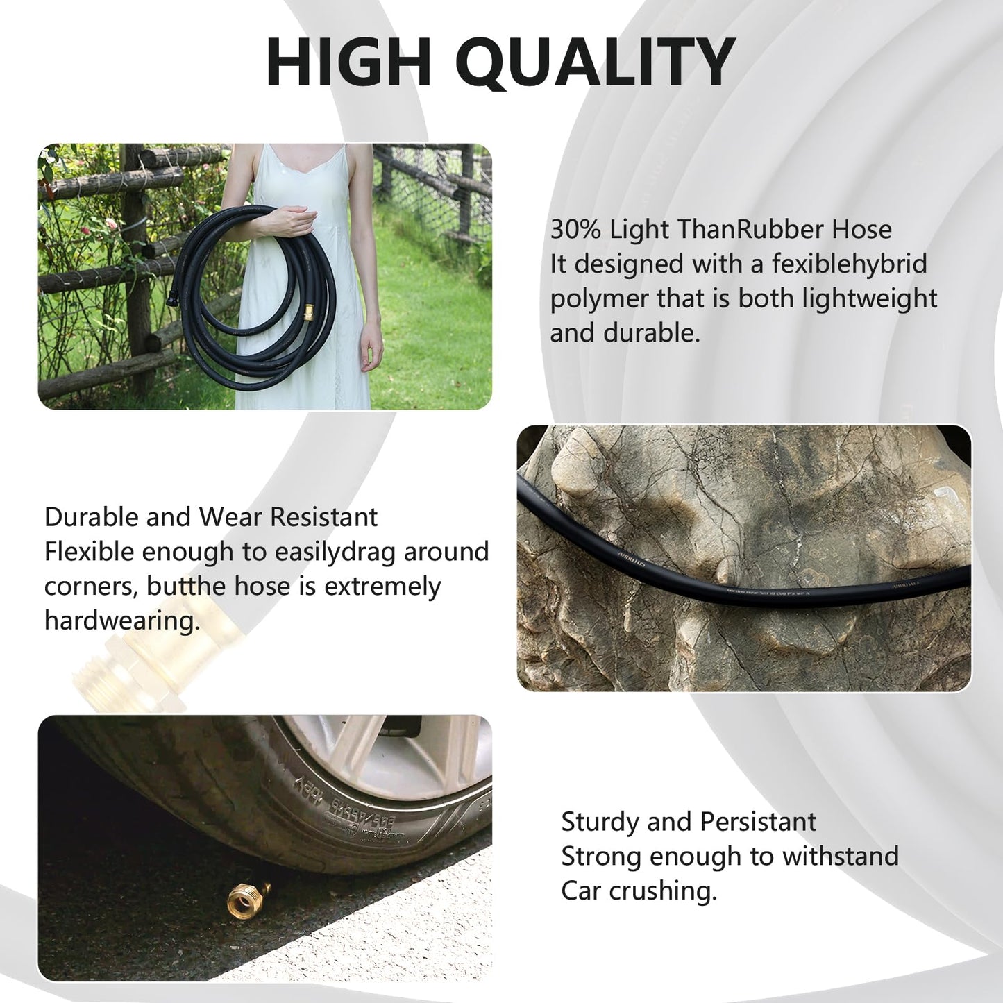 Garden Hose 5/8" x 100ft - Brass Rubber Heavy Duty Water Hose 600 PSI Burst Pressure, Durable Flexible Hose for Yard, Car Wash, Pets Black