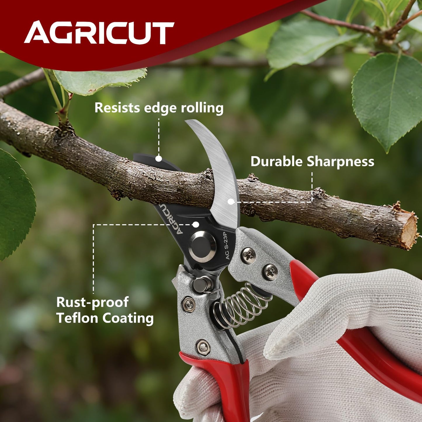 AGRICUT Pruning Shears, 7/8-Inch Cut Capacity Hand Clippers, Bypass Pruners, Gardening Scissors with Sharp Steel Blade (Aluminum Handle, High Carbon Steel)