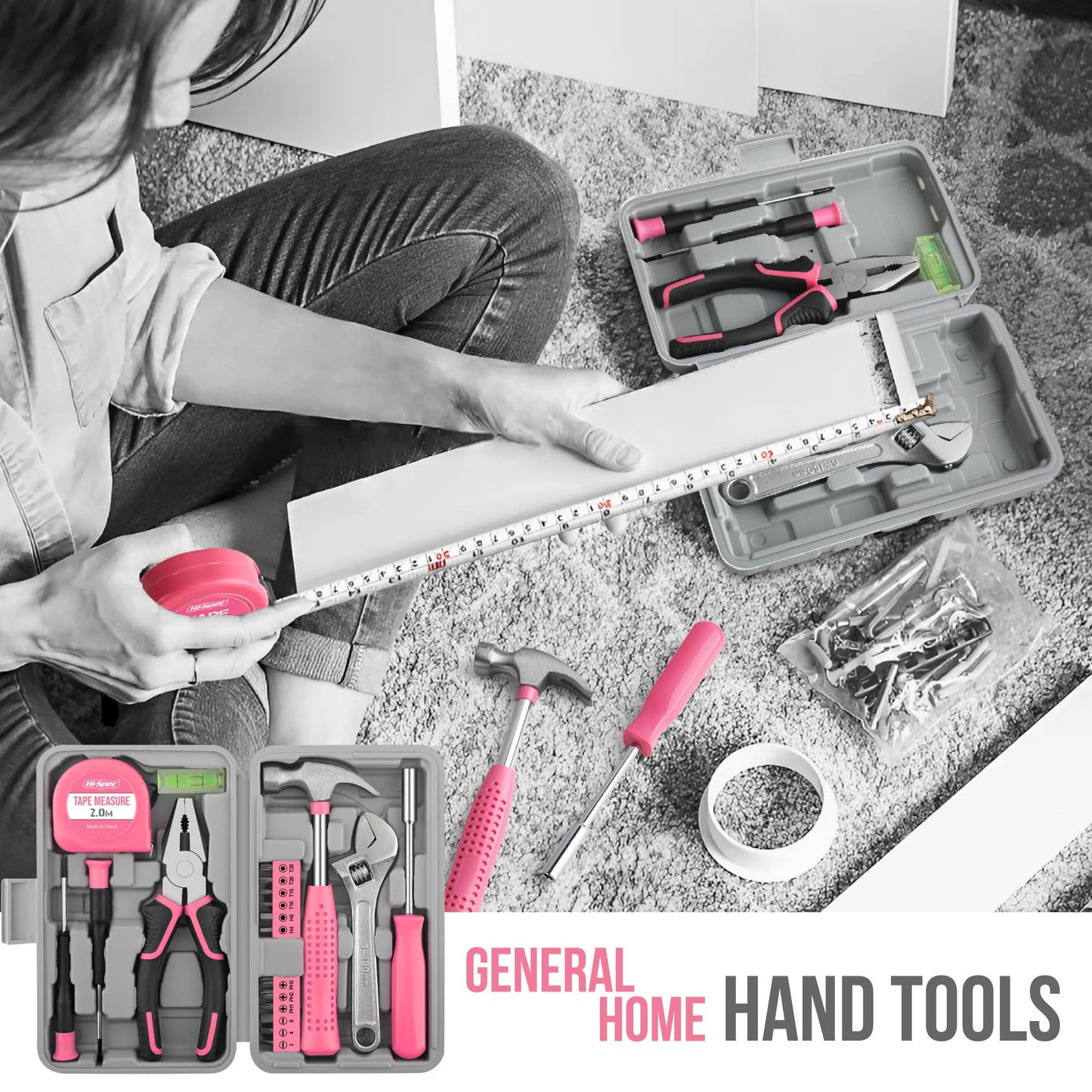 Hi-Spec Pink Tool Set 20-Piece. Ladies’ Starter Basic Hand Tools in a Compact Toolbox Case for Household and Office Repairs and Maintenance.