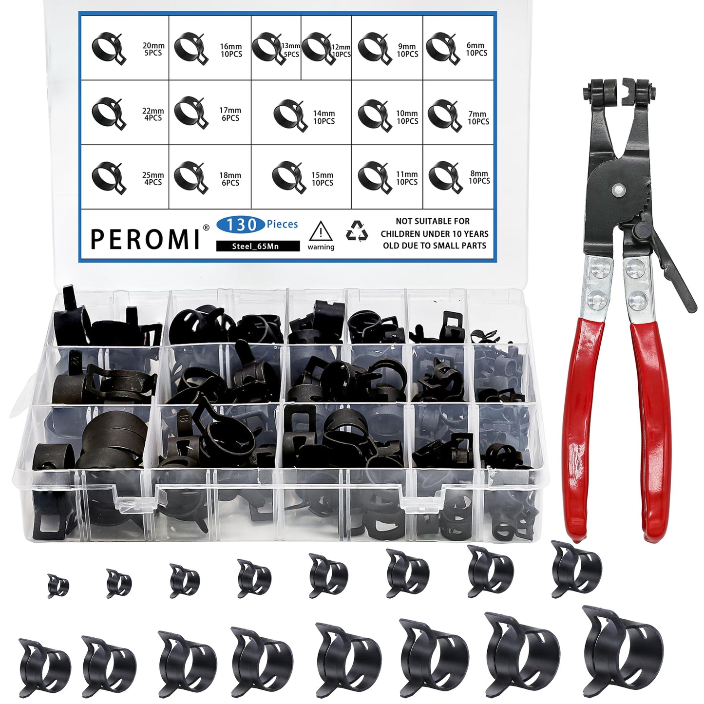 PEROMI 130Pcs 6-25mm Spring Band Hose Clamps With Swivel Flat Hose Clamp Plier Assortment Kit, Constant Tension Steel Clamps for Fuel Lines, Silicone, Vacuum Hoses & Low-Pressure Air Clips