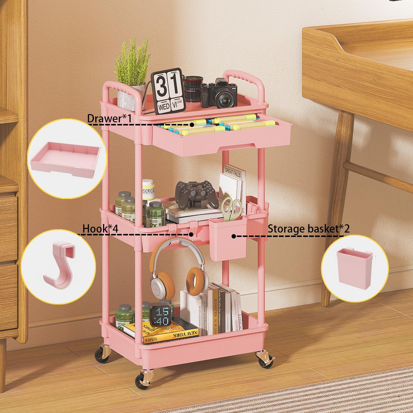 LLMRR 3 Tier Rolling Utility Cart with Drawer, Plastic Storage Organizer Rolling Carts with Wheels Handles Hanging Cups Hooks for Office, Bathroom, Kitchen,Craft Art Room (Pink)