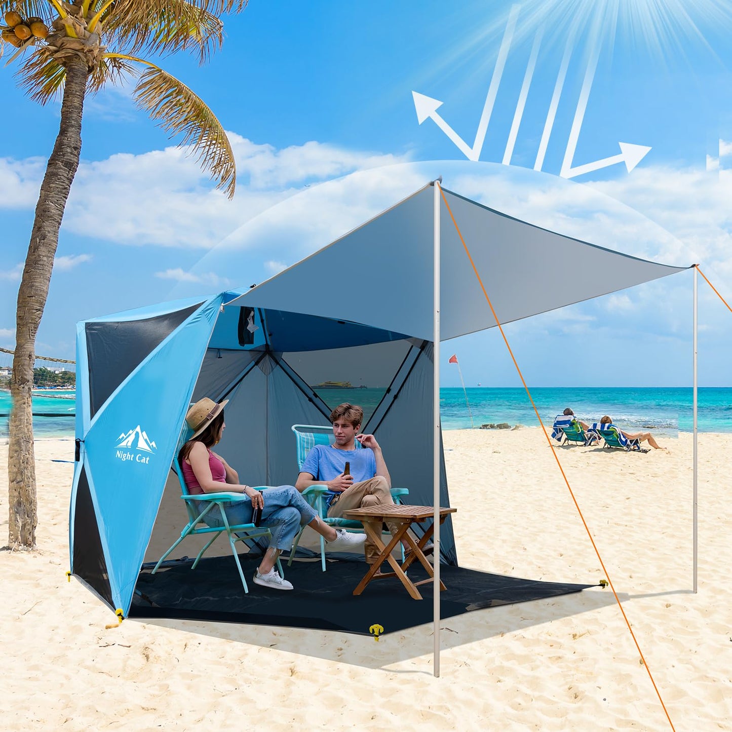 Night Cat Pop-up Beach Tent: 3 4 Persons Beach Shelter with Canopy and Footprint, UPF 50+ UV Protection Backyard Camping Outdoor Canopy Poles Not Included
