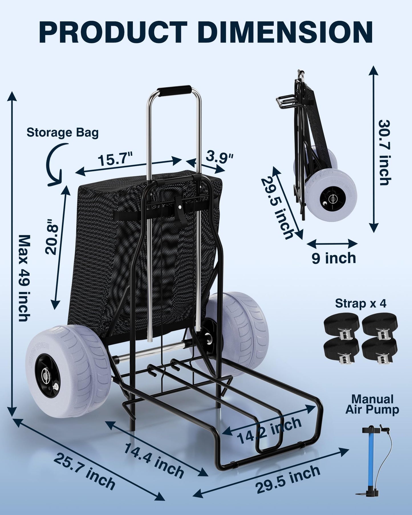 PYY Beach Cart with Big Balloon Wheels for Sand, Foldable Wagon Dolly Buggy Trolley for Outdoor Camping Shopping Fishing with 200 Lbs Loading Capacity, 9" Large Rolling Tires, Collapsible Storage Bag