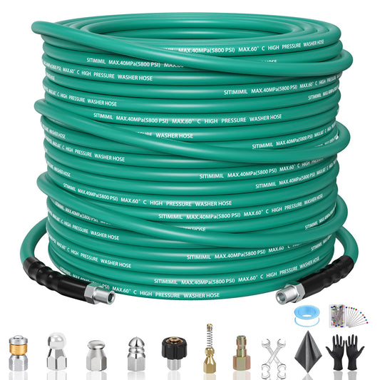 SITIMIMIL 100FT Sewer Jetter Kit for Pressure Washer,1/4‘’NPT Drain Cleaner Hose 5800PSI, With Adapter Corner Rotating Button Nose Sewer Jetting Nozzles Kit Pearl Corsage Pin Spanner Waterproof Tape