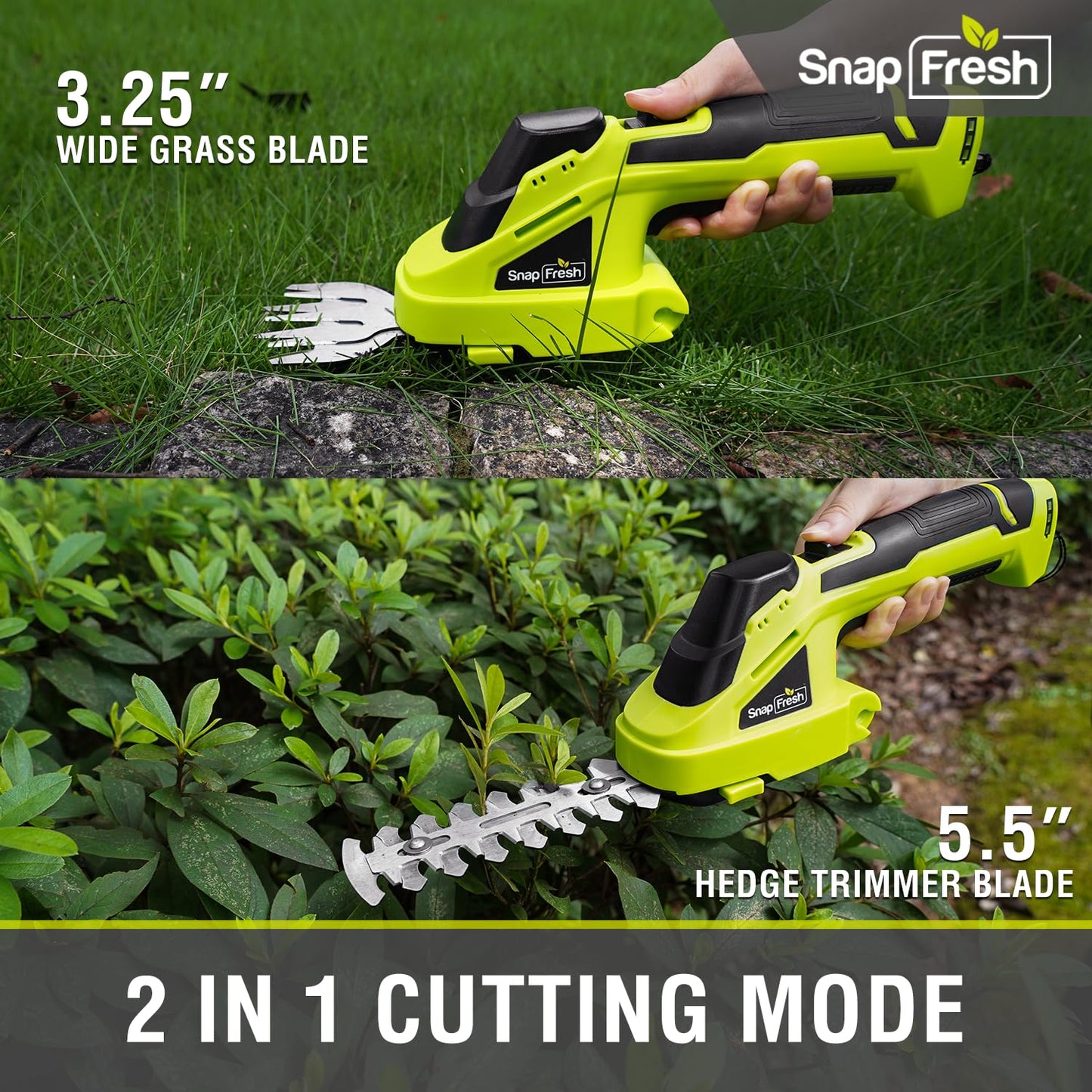 SnapFresh Cordless Grass Shear Bush Trimmer, 2 in 1 Handheld Hedge Trimmer, 7.2V Electric Grass Trimmers, Lightweight Shrubbery Trimmers Battery & Charger Included, Shrub Trimmer for Garden(Green)
