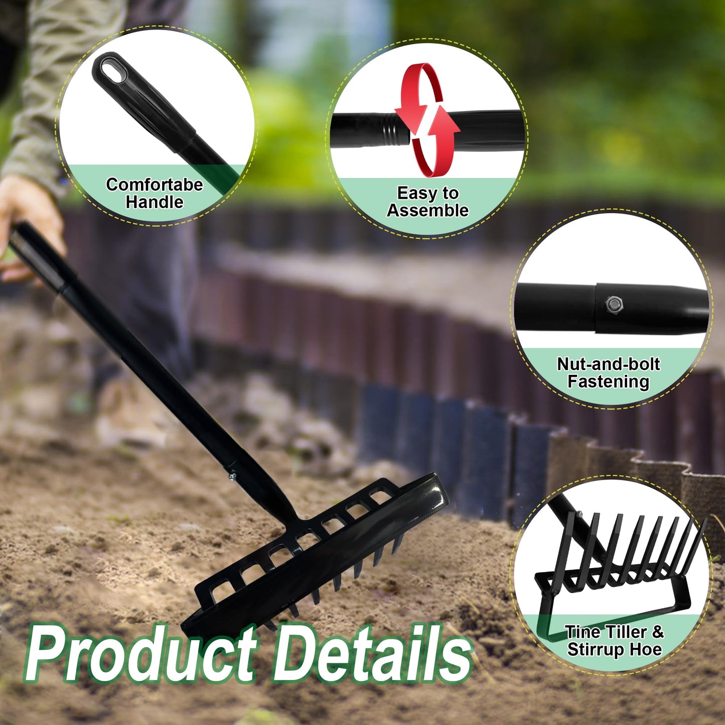 8-Tines Rake and Stirrup Hoe, Metal Garden Tiller Rake with Adjustable Long Handle, Action Scuffle Loop Hoe for Weeding, Digging, Loosening Soil
