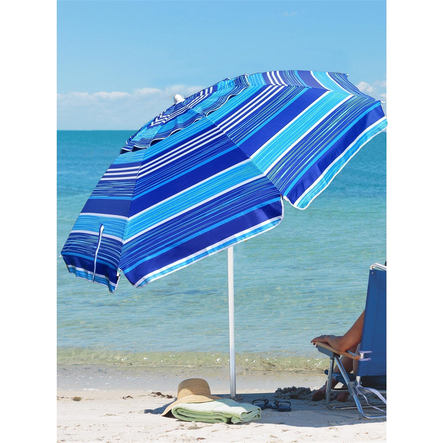 AMMSUN 6.5 ft Heavy Duty Beach Umbrella for Sand with tilt Air Vent Sun Shelter, UV 50+ Protection Outdoor Sunshade Umbrellas and Parasols with Carry Bag for Patio Garden Beach Pool stripe Blue
