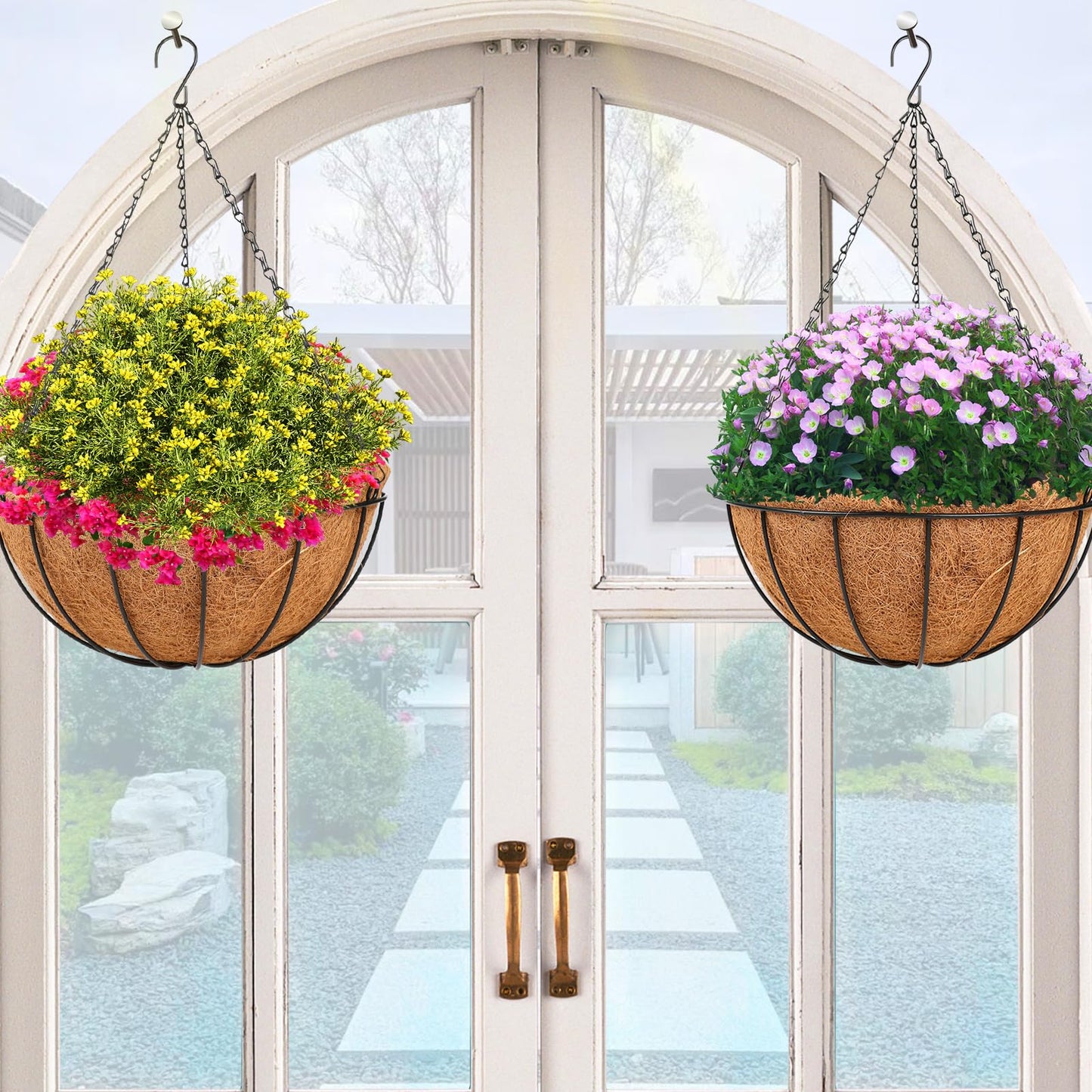 HKZ Hanging Basket Planter Plants Outdoor - 4 Pack 12 Inch Metal Hanging Planter with Coco Liners, Chain Hook Hanging Flower Pots for Indoor Outdoor Garden Porch Decoration
