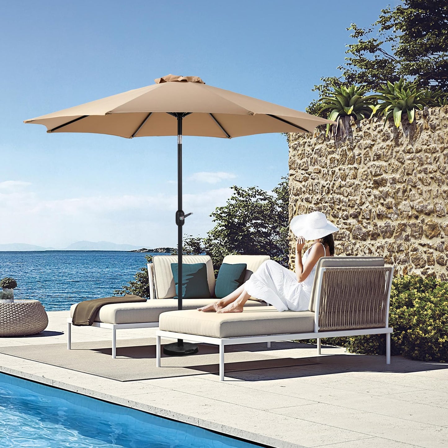 OLIXIS 9ft Patio Umbrella with Tilt and Crank Button & 8 Sturdy Ribs Waterproof, Patio Table Umbrella Perfect for Poolside, Terrace, Beach and Outdoor Restaurant, Brown