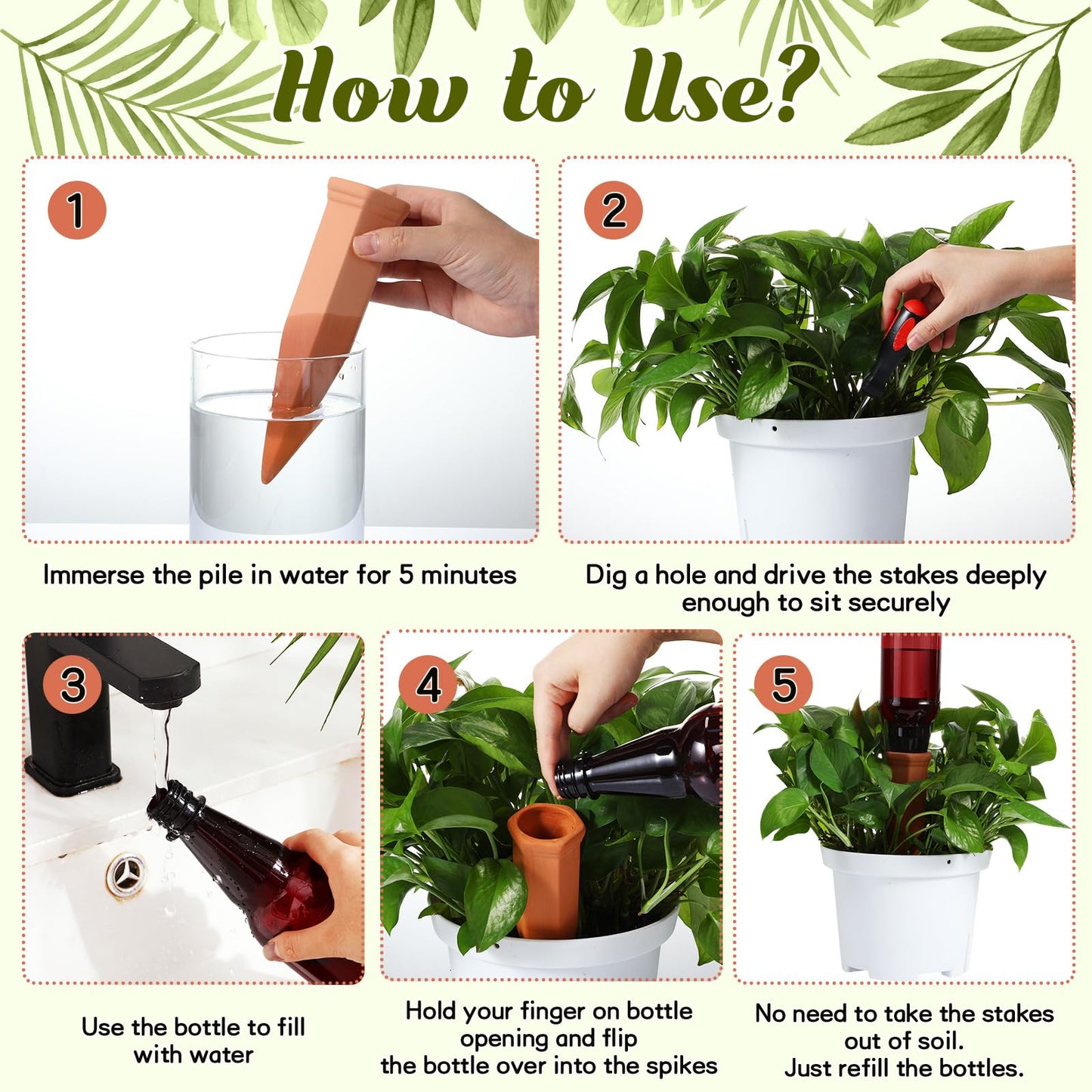 SiliFine 6 Sets Terracotta Self Watering Spikes with 26 oz Plastic Bottles, Plant Watering Devices Slow Release Vacation Insert Automatic Plant Watered Device