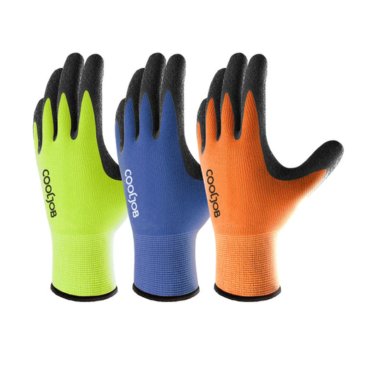 COOLJOB 3 Pairs Safety Work Gloves with Grip Latex, High-vis Assorted Colors in Orange Blue Yellow, Rubber Dipped Coating for Moving, Gardening, Farming, Package Handler Postal Worker, Xlarge