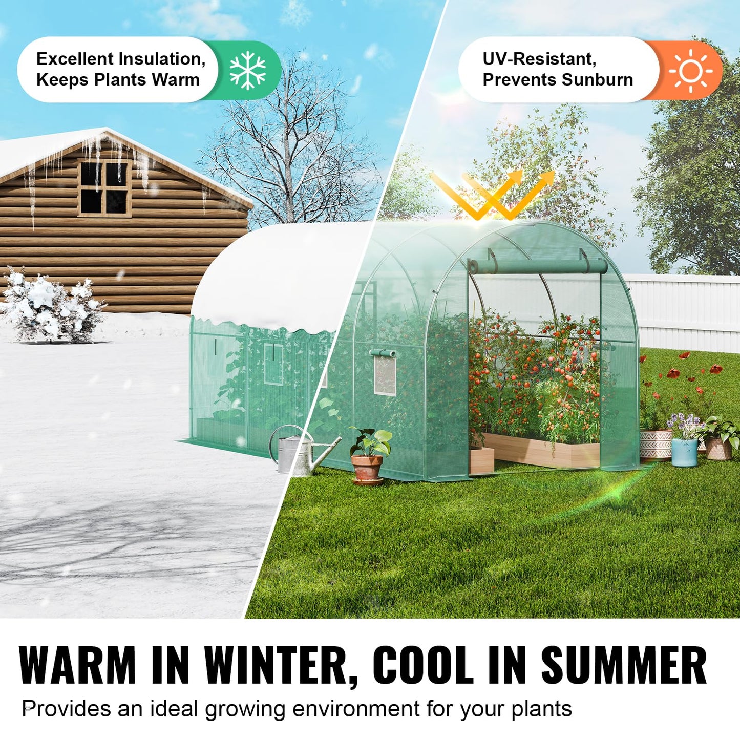 VEVOR Walk-in Tunnel Greenhouse, 9.6x6.4x6.2 ft Hoop House Greenhouse Tunnel, Plant Hot House with Galvanized Steel Frame, Green PE Cover, Roll-up Zipper Door and 6 Windows for Outdoor