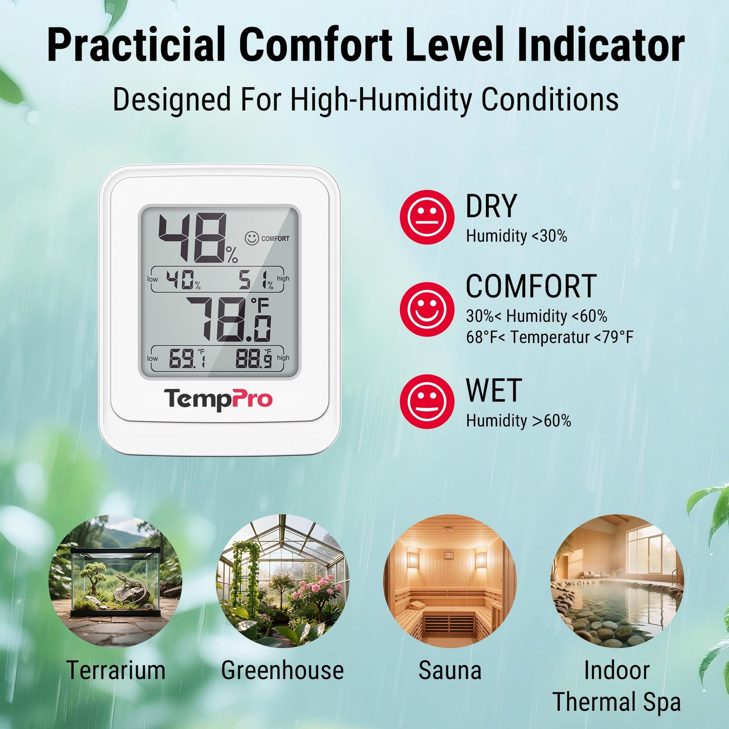 TempPro TP150 Greenhouse Thermometer Hygrometer, IPX5 High-Humidity Resistant Temperature and Humidity Monitor, High/Low Records Humidity Meter for Indoor Grow Tents, Reptile(Previously ThermoPro)