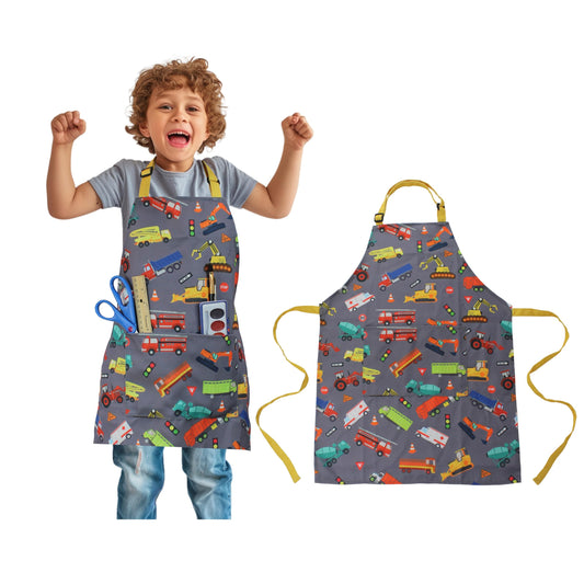 DASHN PRODUCTS Kids Apron - Truck - Dual Pockets - chef kitchen cooking garden artist painting cleaning baking pottery gift boys girls