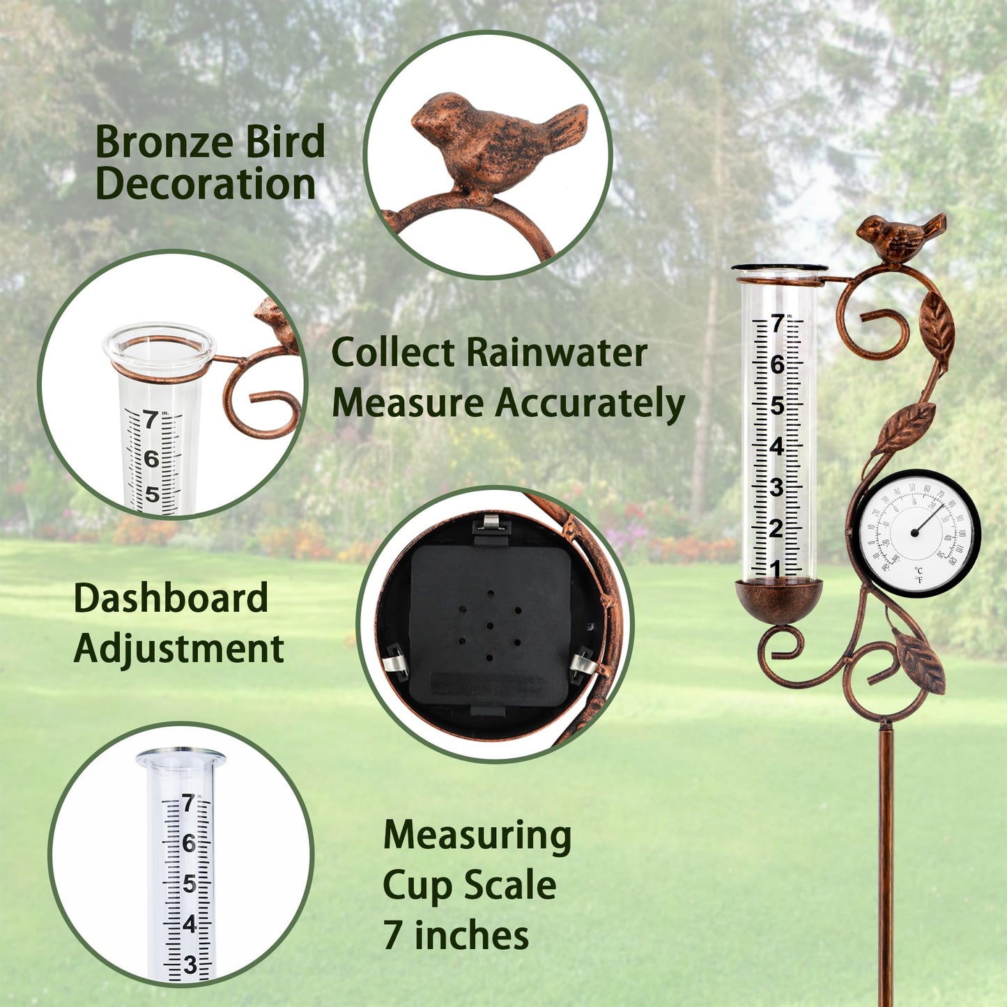 32" Garden Rain Gauge with Thermometer - 7" Glass Tube for Outdoor Indoor Use, Patio Yard Decor Statue