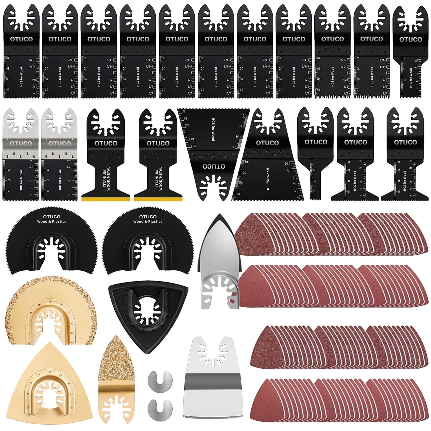 OTUCO 150 Pcs Oscillating Saw Blades, Wood Metal Cutting Multitool Bi-Metal Blades Quick Release Tool Blades Kits Fit for Dewalt, Makita, Ryobi, Rockwell