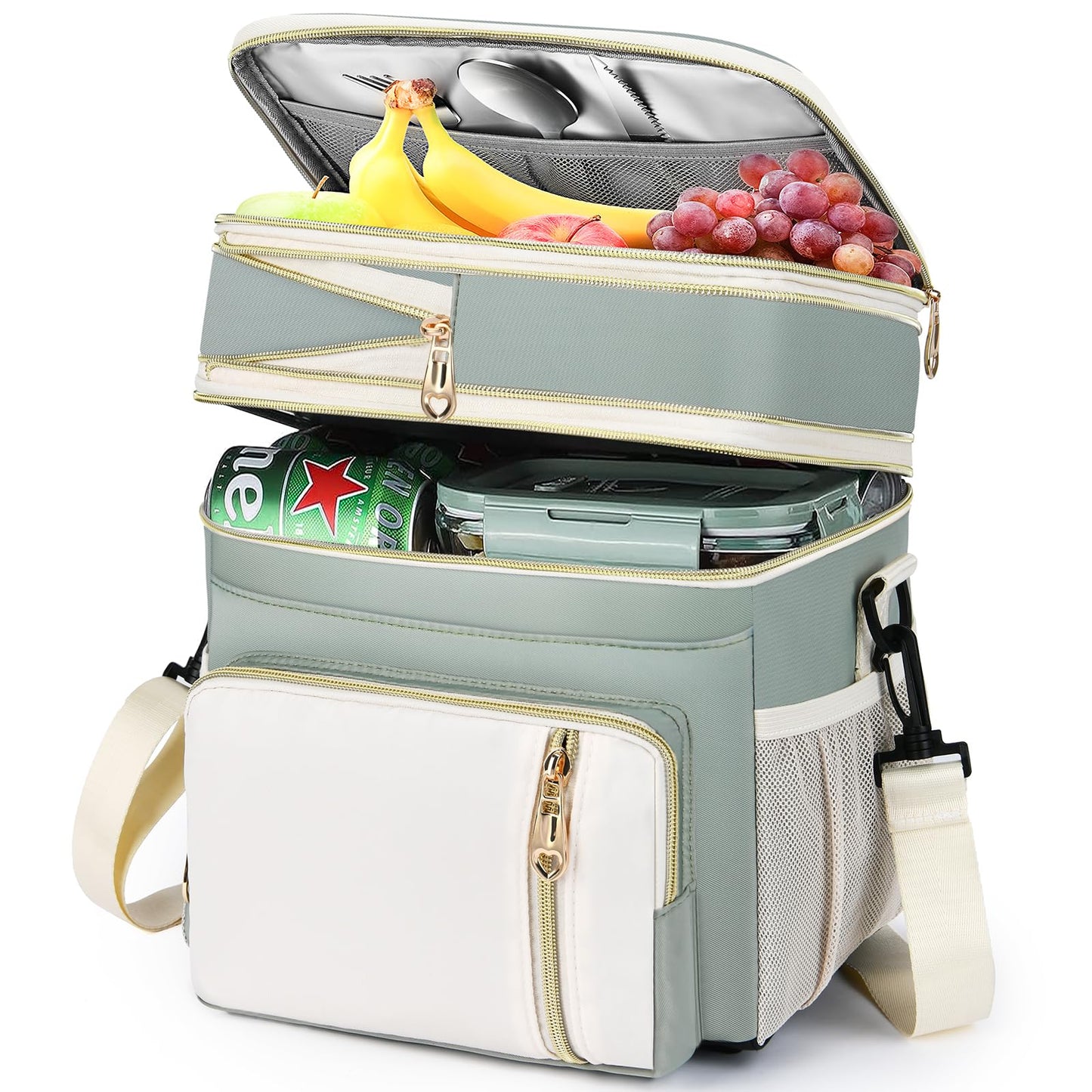 Lunch Box & Lunch Bag for Women Men, Expandable Large Insulated Adult Lunch Bag with Strap, Double Deck Leakproof Lunchbox Durable Cooler Bags for Work Picnic Beach,16L, Olive Green & White