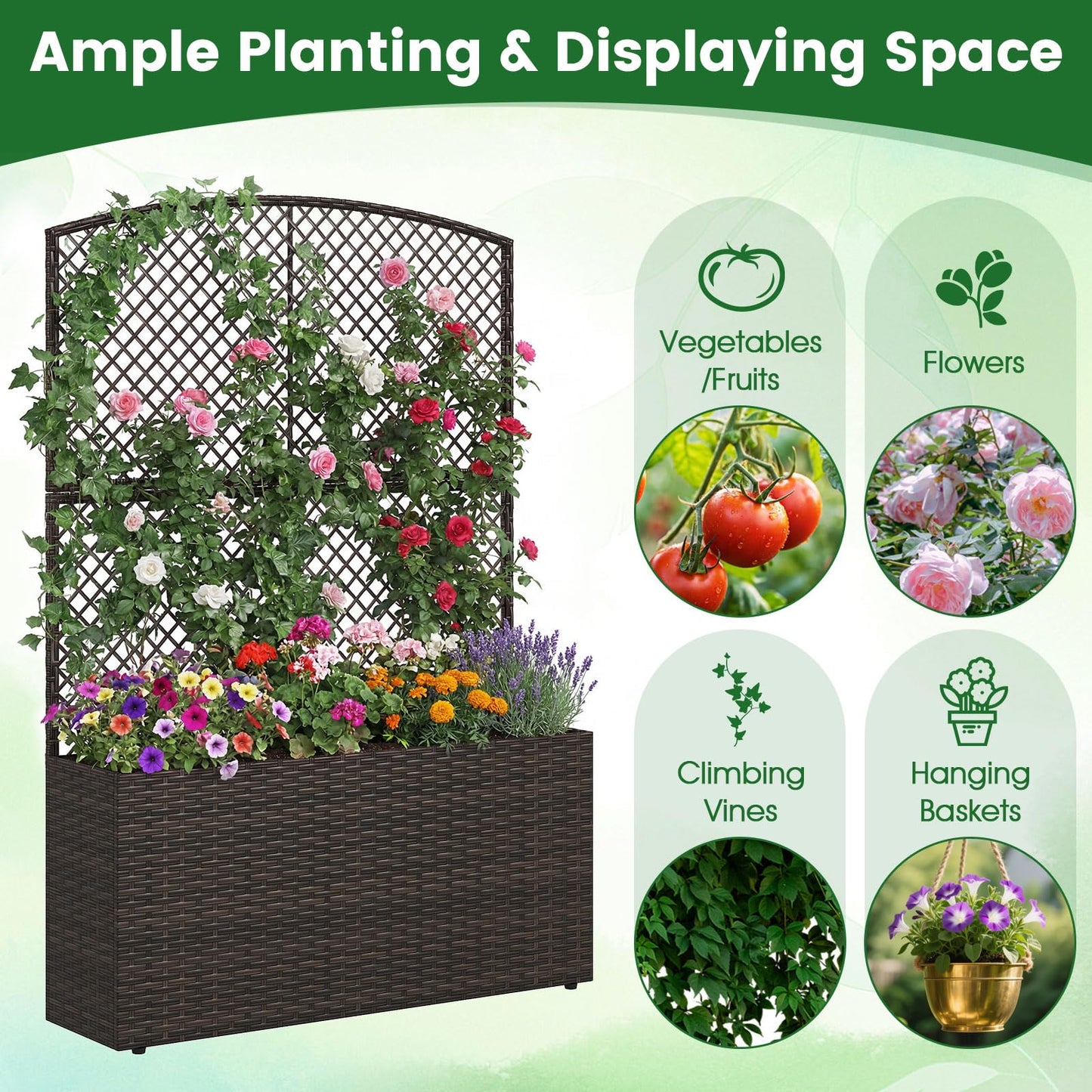 Happygrill Raised Garden Bed with Trellis, 58" Wicker Planter Box with Privacy Screen, Liner, Drainage for Patio Balcony, Outdoor PE Rattan Elevated Garden Bed for Climbing Plant Vine Flower (Brown,1)