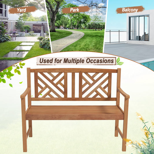 Giantex Outdoor Wooden Garden Bench - 2-Person Acacia Wood Loveseat with Armrests, Backrest, 800lbs Capacity, Patio Park Bench for Backyard, Front Porch Bench (Non-Foldable)
