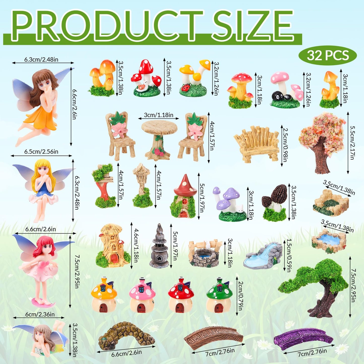 GGSTDDUP 32 Pcs Fairy Garden Accessories Mini Fairy Figures Miniature Table and Chairs Bridge Mushroom Lighthouse Water Well Pond Landscape Ornaments Kit for DIY Garden Potted Desk Decor