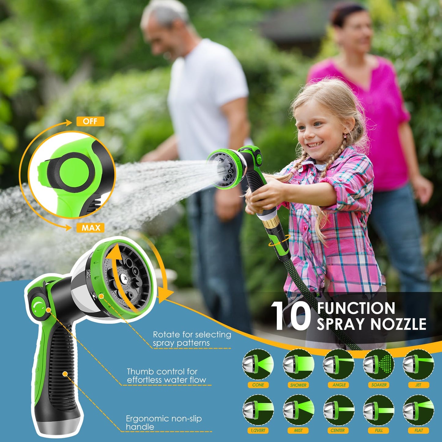 FLOERXIS Non-Expandable Garden Hose 100 FT, Lightweight Hose with 10 Function Spray Nozzle, Kink-Free Flexible Water Hose, Durable, Leak-Proof, 360° Swivel Connectors, Portable Storage Strap