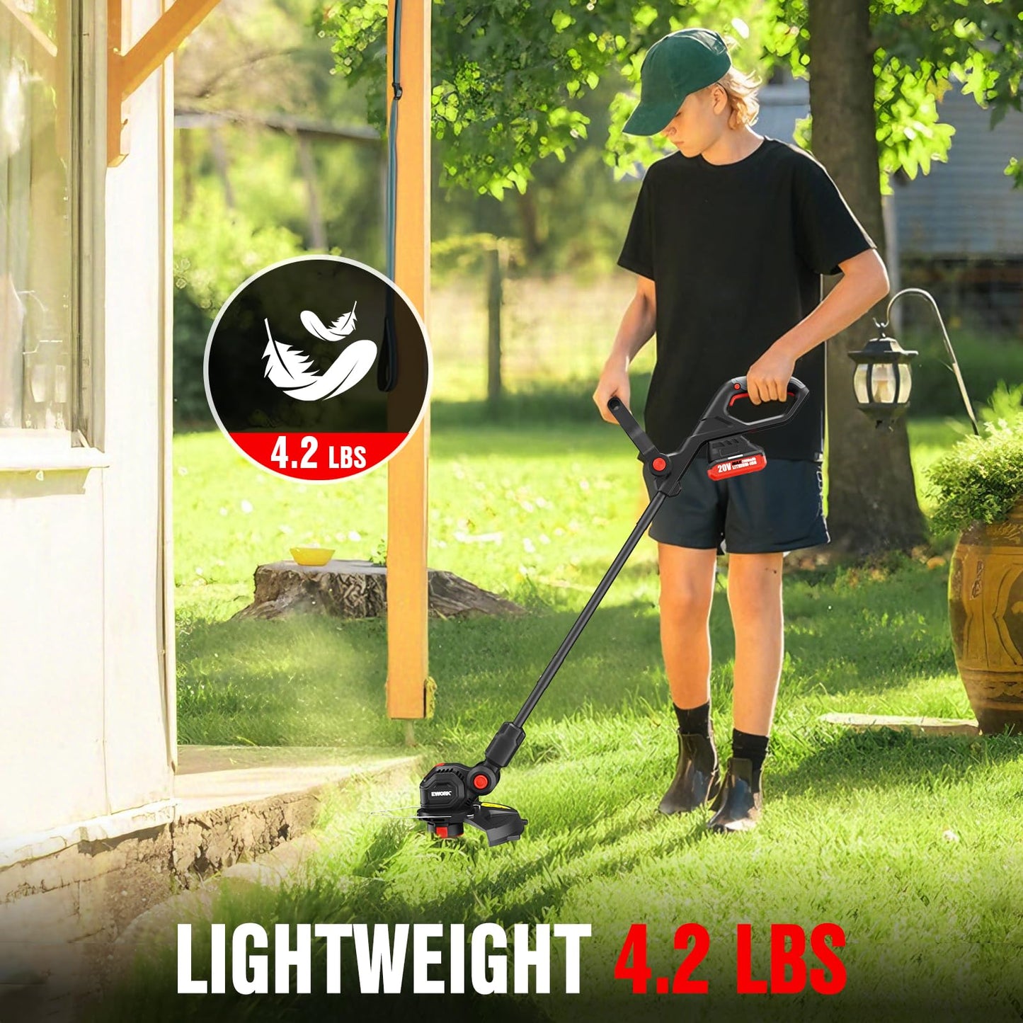 EWORK Weed Wacker Cordless 20V 12-Inch Weed Eater Battery Powered with 2×2.0Ah Batteries & Fast Charger Electric Weed Trimmer, Lightweight String Trimmer for Lawn Trimmer and Grass Edger Cutter