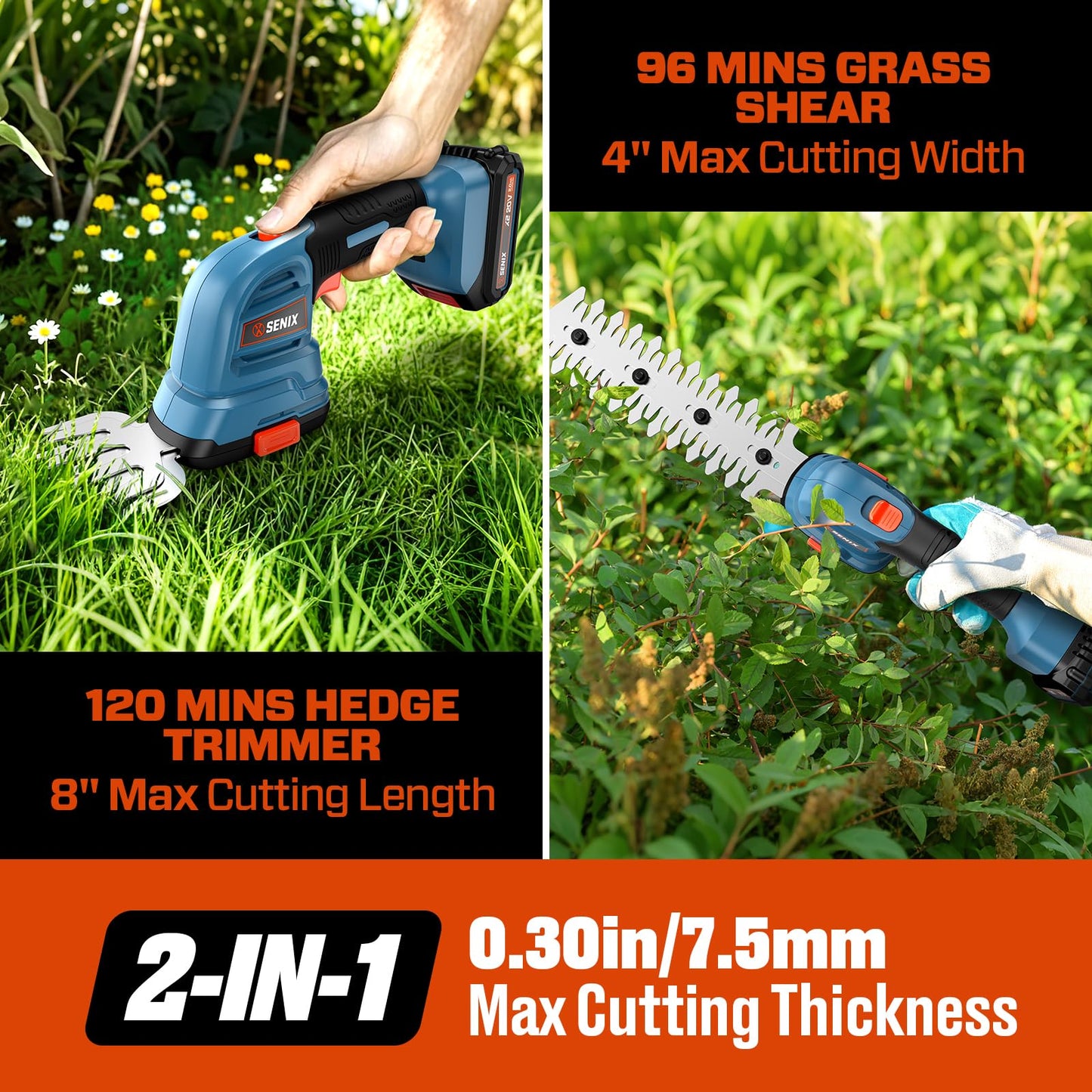 Senix X2 20 Volt Max* 2-in-1 Cordless Hedge Trimmer and Grass Shear with Interchangeable 4-Inch and 8-Inch Blades, Includes 2.0 Ah Battery and Charger (GSX2-M)