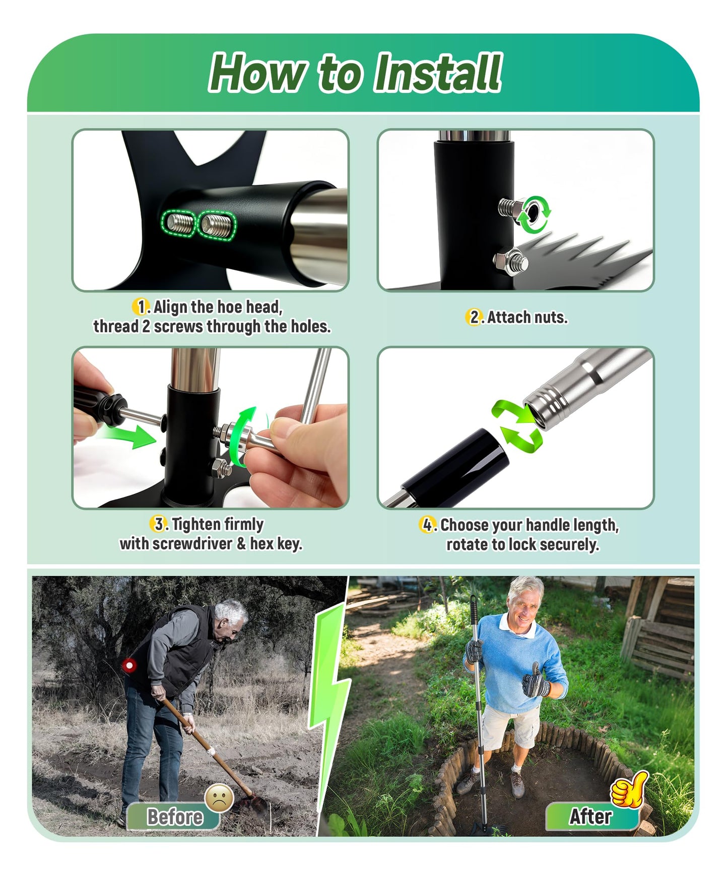 Nelyeqwo 71in Weed Puller Tool with Long Handle, 2 in 1 Adjustable Manual Weeders for Uprooting, Heavy Duty Hand Weed Rake and Garden Hoe with Gloves for Gardens, Lawns, Yards