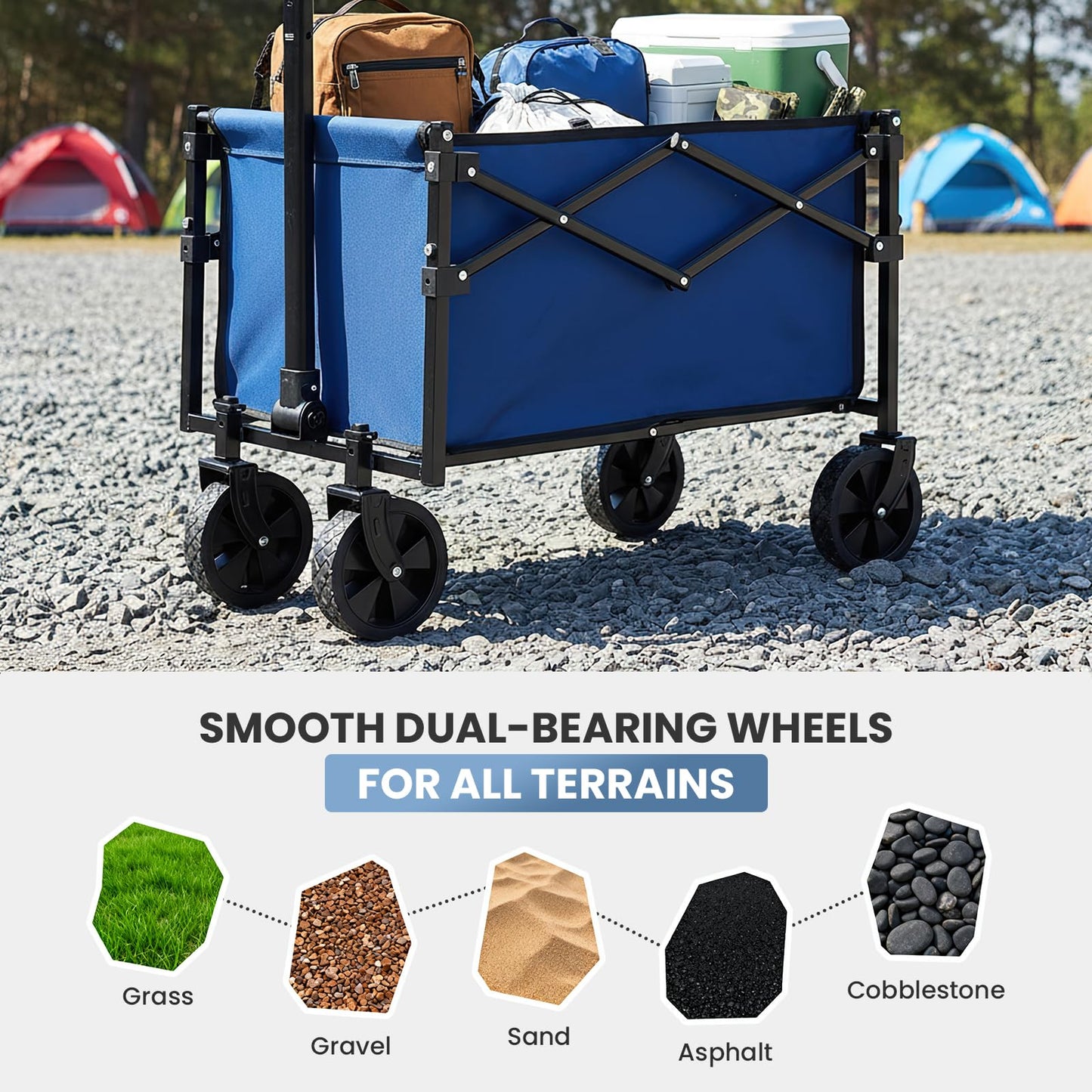 DUMOS Collapsible Wagon with Wheels, 176 lbs Wagons Carts Foldable Wagon Cart with Flexible Handle, Lightweight Portable Folding Utility Grocery Shopping Cart for Grocery Sports Garden Camping - Blue